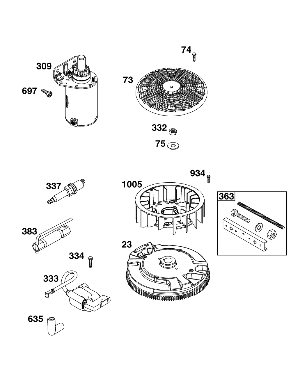 Flywheel, Ignition, And Starter Group Diagram and Parts List for 40U777-0003-B5 400000 - 699999 Briggs and Stratton Engine